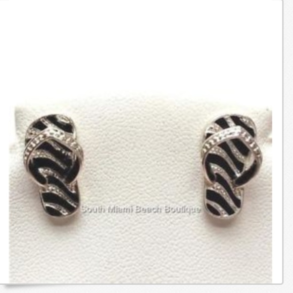 Silver Flip Flop Earrings Hypoallergenic Posts Black Enamel Beach Island Plated - Picture 5 of 8